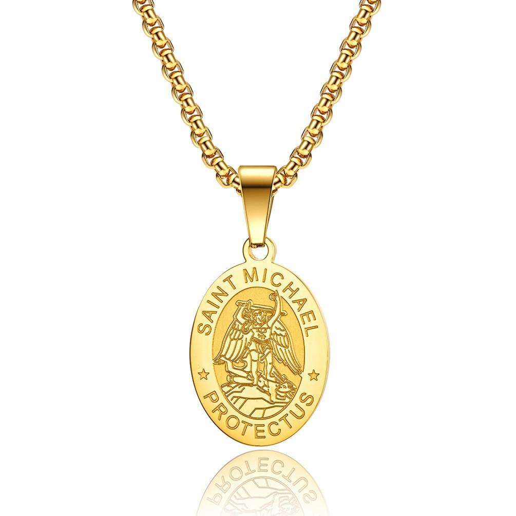 Men's Summer Trendy Black Saint Michael Pendant Necklace