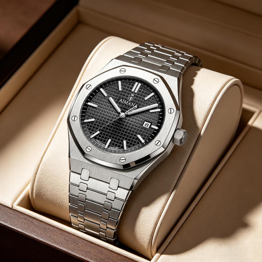 Men's Fashion Analog Quartz Wristwatch Octagonal Bezel Stainless Steel Band Calendar Dial Casual Dress Watch for Men
