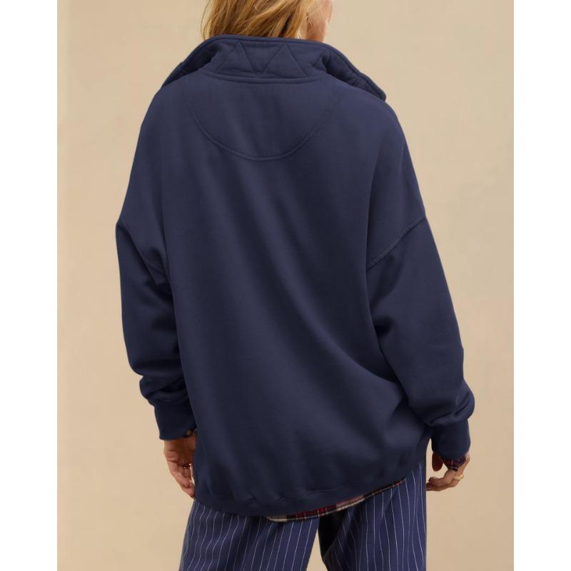 Womens Loose Half Button Collar Long Sleeve Casual Sweatshirt