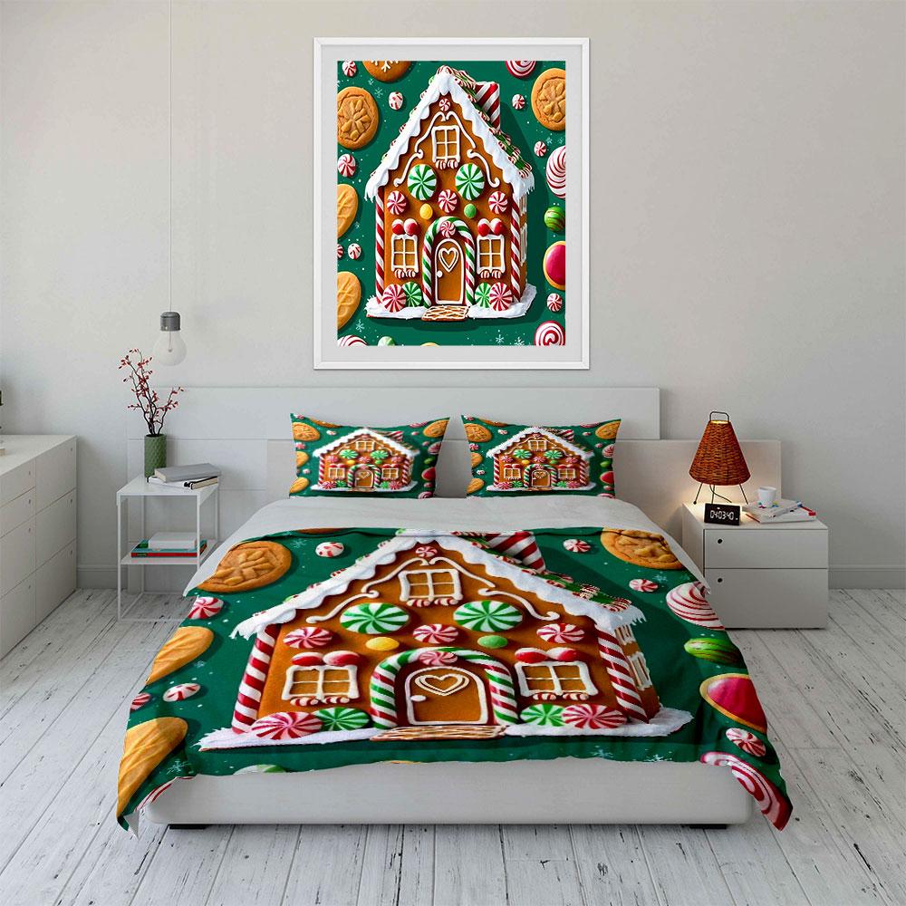 Gingerbread House with Candy Bedding Duvet Cover Set Duvet Cover Pillowcases (1*Duvet Cover 2*Pillowcases, Without Duvet Insert)