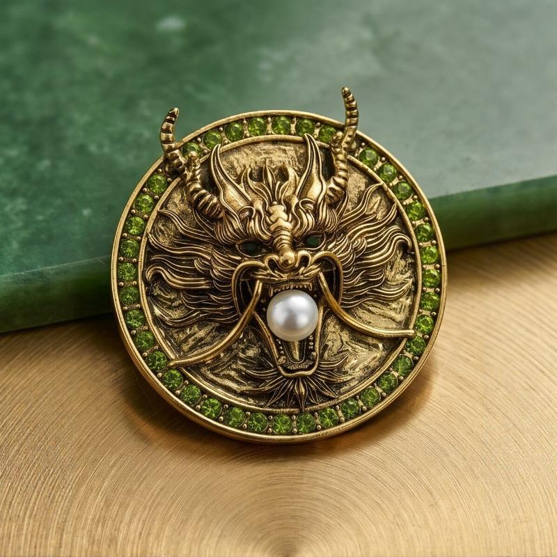 Dragon-pattern Pearl Brooch with Emerald Border Accessory - Personalized Badge Decoration Pin