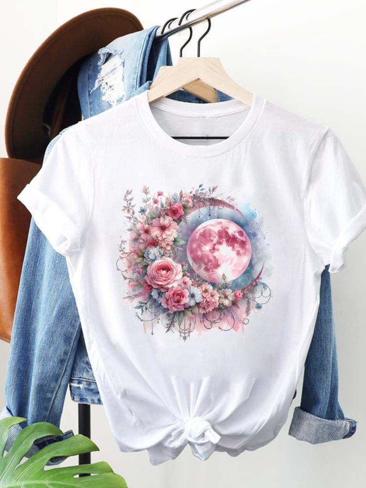 (Asian Size) watercolor flower cute Clothing Women Fashion Print Short Sleeve Tee Top Female T Shirt Woman Graphic T-shirts