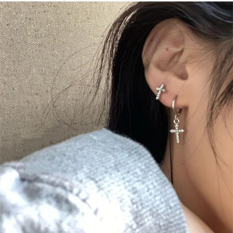 Zircon Cross Stud Earring Punk Style Single Ear Exaggerated Personality Asymmetrical Earring for Women Korea Temperament Jewelry