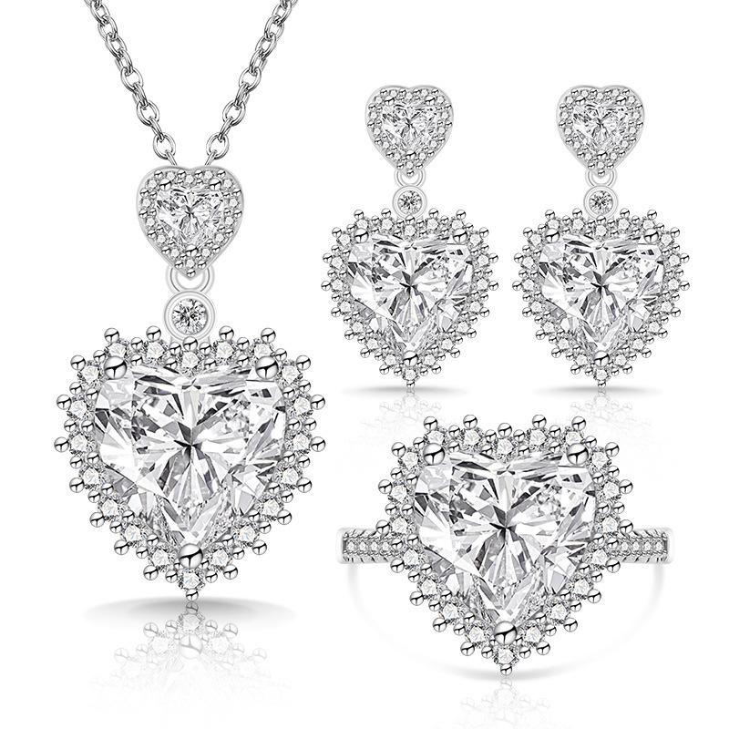Fashion Jewelry Three-piece Set Love Zircon Treasure Necklace Earrings Ring Women s Handicraft Earrings Jewelry Ring Size:Adjustable