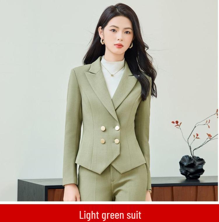 

Women s Elegant Double-Breasted Suit: Two-Piece Short Blazer & Pants Set for Autumn/Winter M