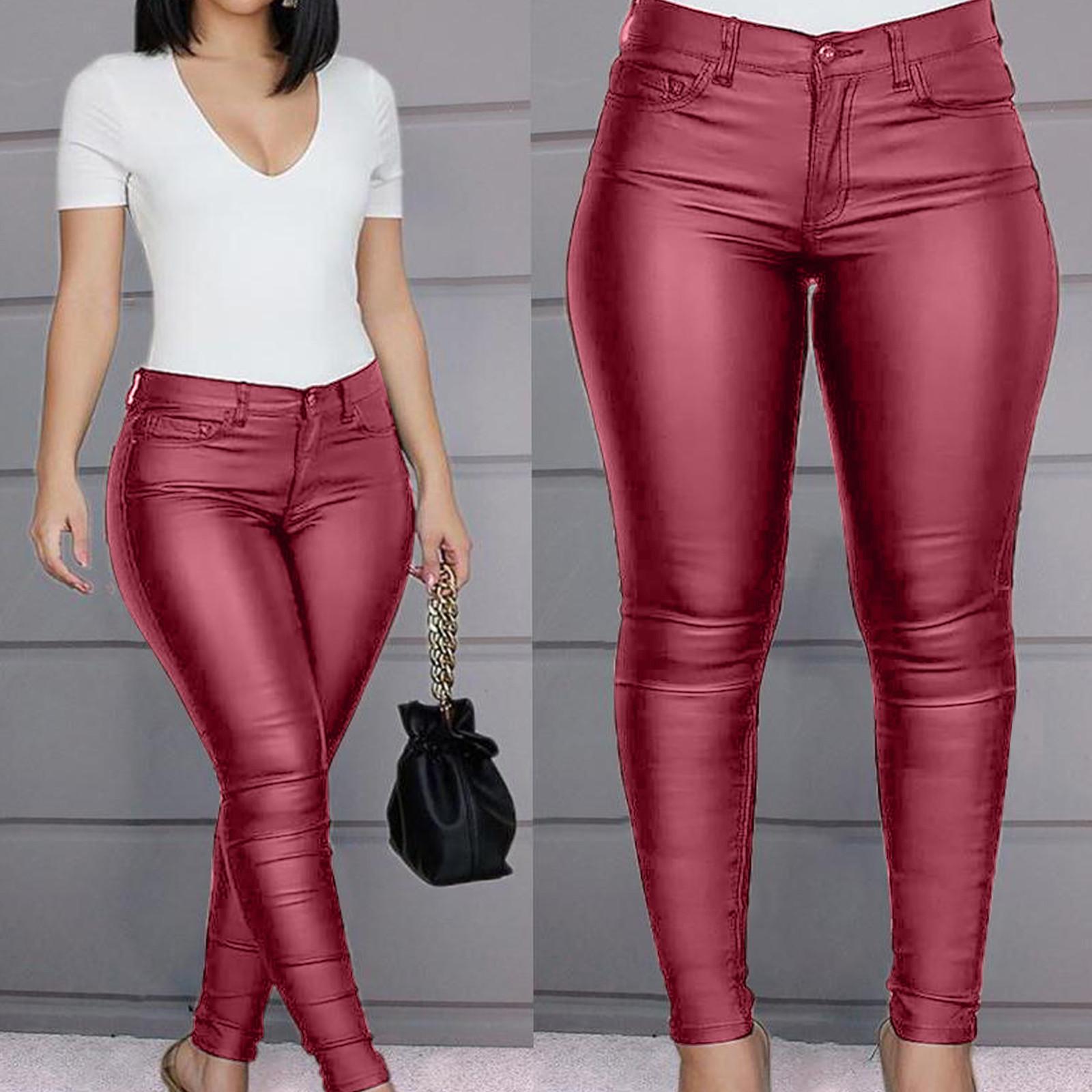 

Женские брюки большого размера с высокой талией на пуговицах, однотонные повседневные сексуальные кожаные брюки XXL винный