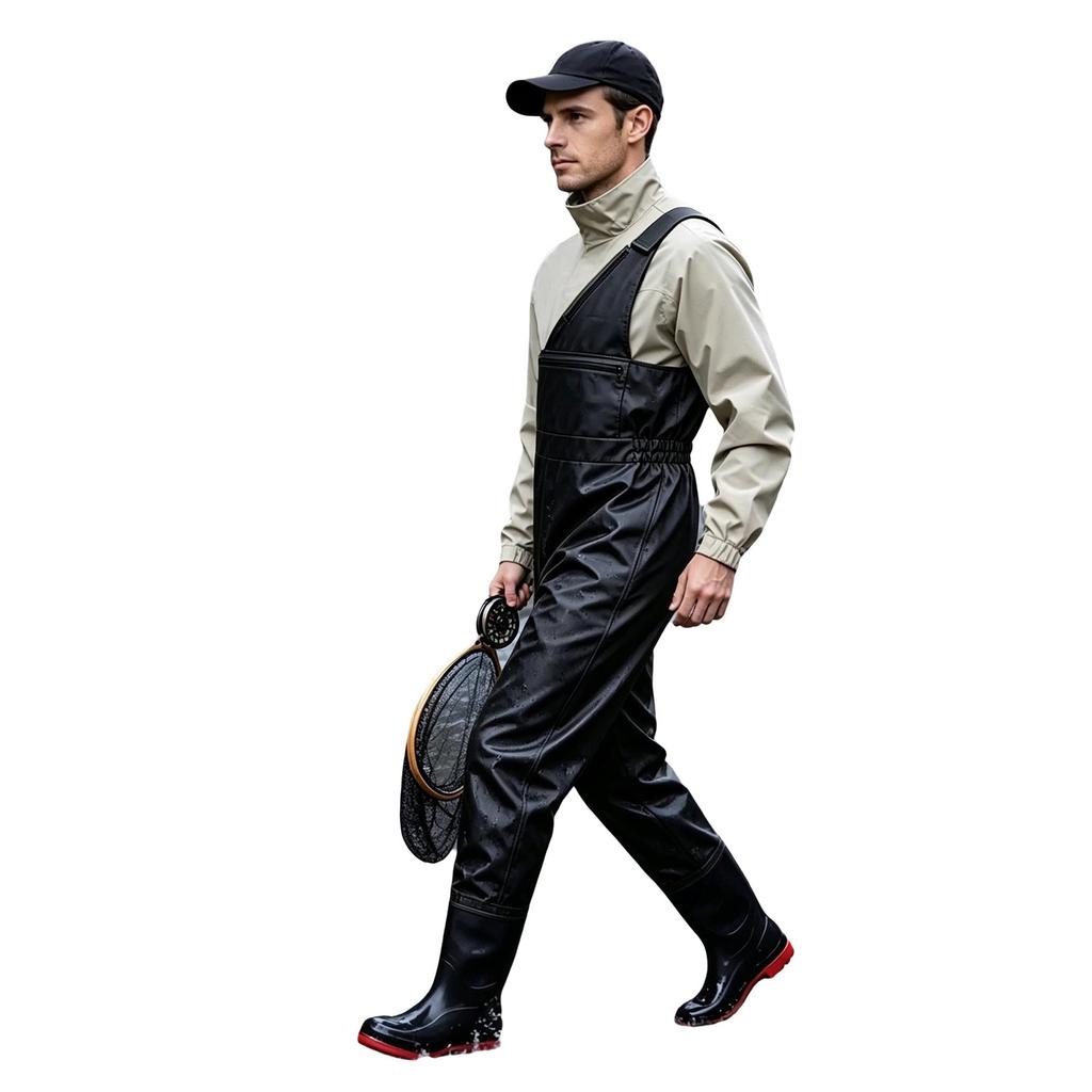 Men One Shoulder Fishing Jumpsuit Water Resistant Sleeveless Elastic Side Waist Legs Overalls with Hook Loop Fastener and Zip Pockets