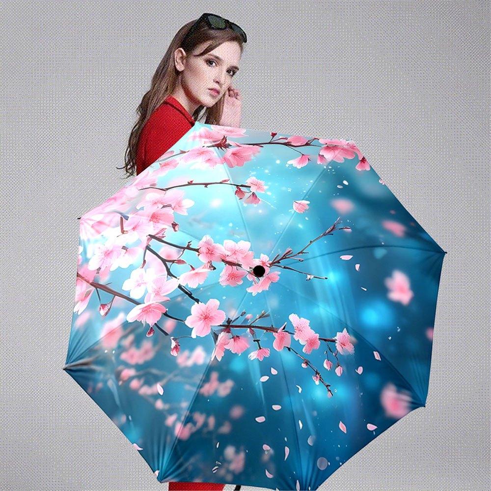 Automatic Folding Umbrella Pink Cherry Blossoms On a Blue Background. Portable Collapsible Design, Casual Outdoor Accessory, C