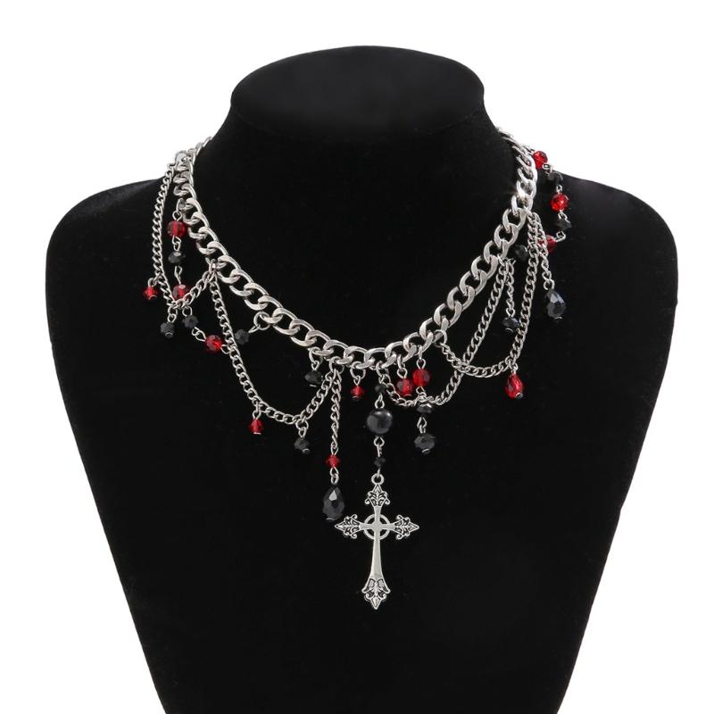 Punk Thorn Cross Pendant Necklace Dark Gothic Cross Fringe Choker Necklace for Women Unique Clavicle Chain Stylish Gift