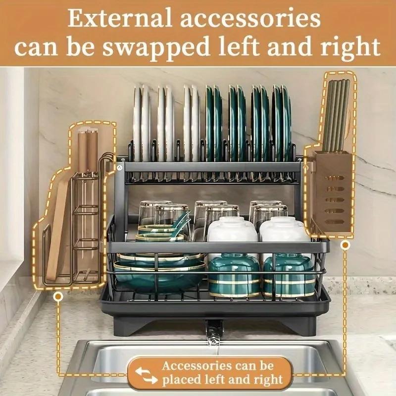 2 Tier Dish Drying Rack, Large Capacity Dish Rack With Draining Board, Double Layer Detachable Dish Storage Organizer For Dishes