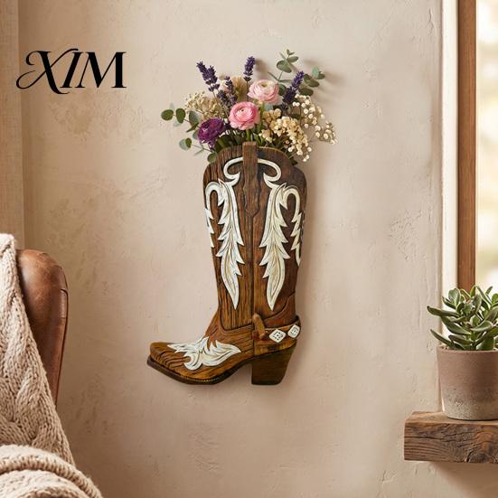 Wooden Floral Container for Dried Flowers Cowboy Boots Wall Planter Indoor Plants, Western Boot Flower Hanging Vase Handcrafted Poplar Wood