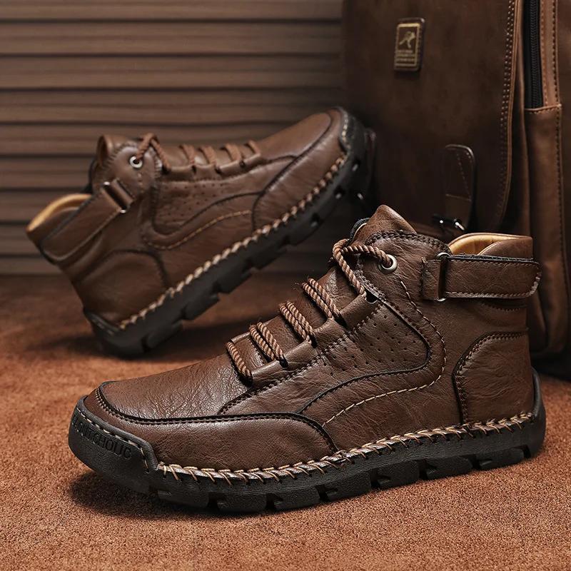 Fashion Men's Hand-stitched Boots Plus-size Casual Shoes Comfortable Soft Ankle Boots Outdoor Non-slip Wear Boots 2025