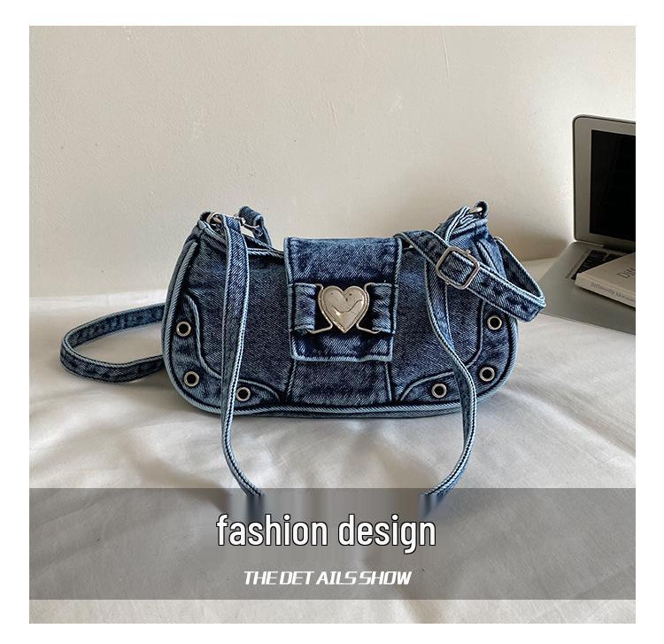 Cross-border Denim Heart One-Shoulder Bag - 2026 New Korean Rivet Trendy Cool Crossbody Bag for Travel and Commute