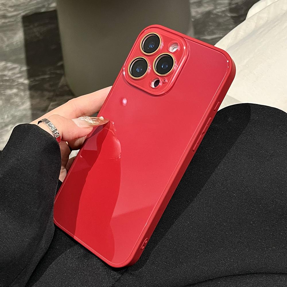 Glossy Solid Color Phone Case For iPhone 17 16 15 14 13 12 11 Pro Max Tempered Hard Glass Back Cover