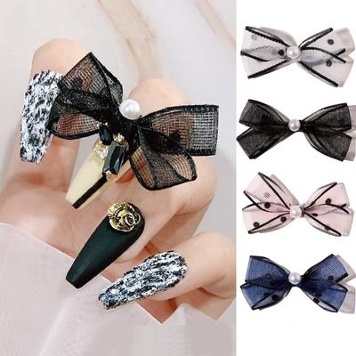 2Pcs Organza Bow Nail Art Decorations Retro Pearl Lace Ribbon Charm Manicure Accessories
