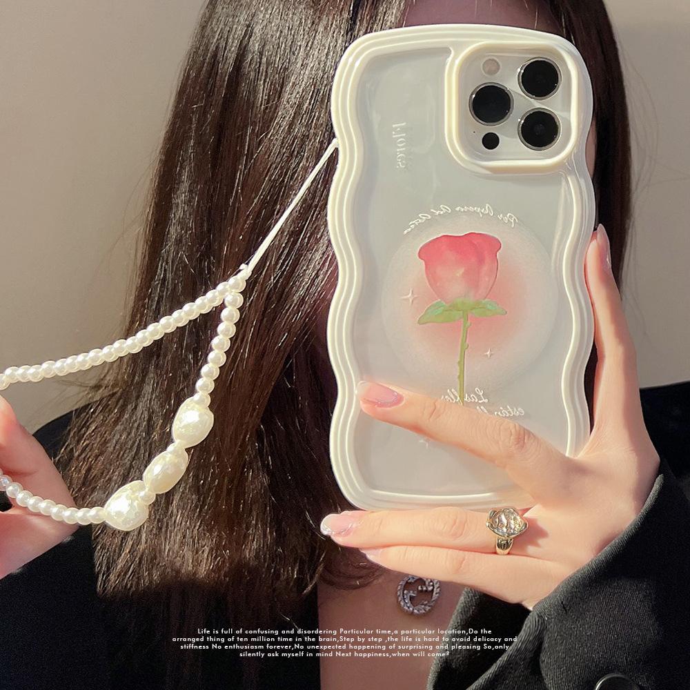 

Three dimensional Rose Suitable for Iphone16 Mobile Phone Case 15promax Apple 13 Pearl Chain Xr Women Xs Radiant Oil 16promax