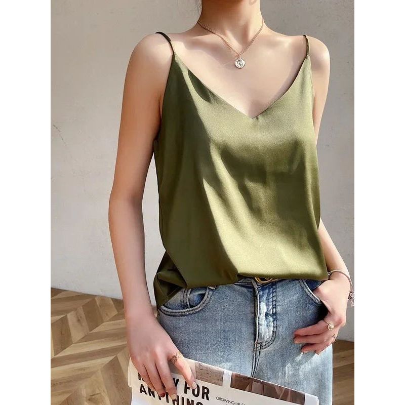 Solid Color Satin V-neck Tank Top for Women Pure Color Satin V-neck Strap Female