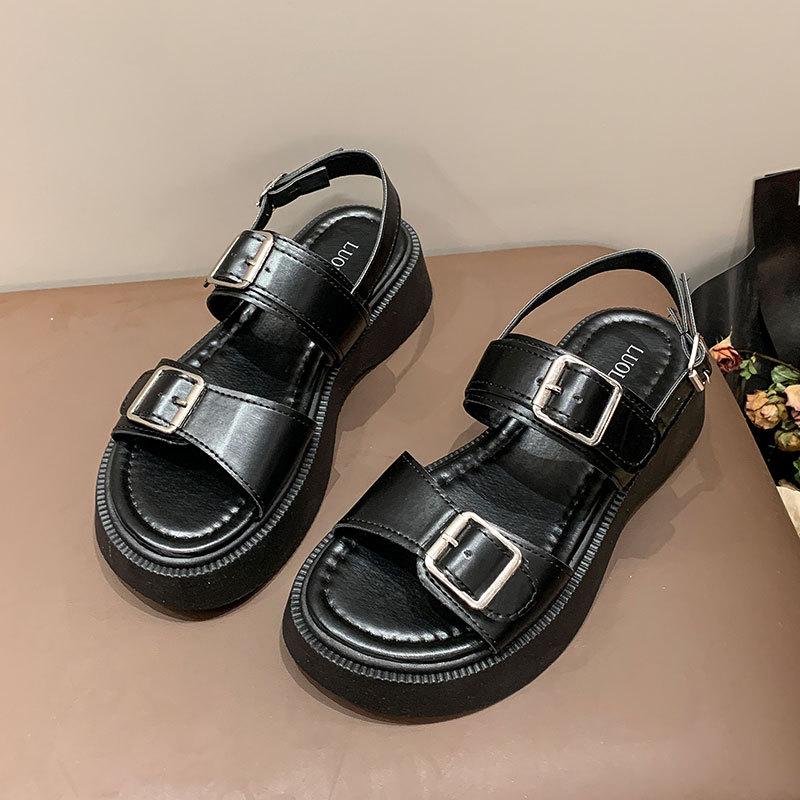 Muffin thick-soled one-word sandals women's summer new belt buckle versatile student casual Roman shoes