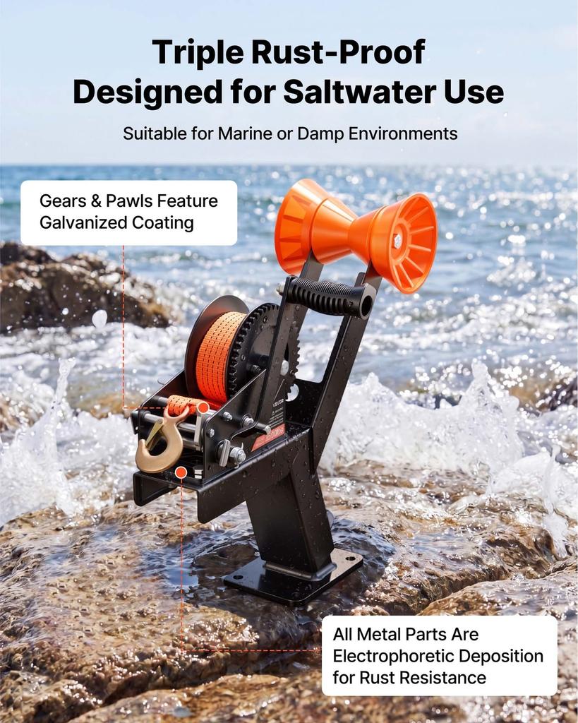 Boat Trailer Winch Stand with Roller, 1588 Kg, 6.1m Orange Polyester Strap, Boat Winch Mount, for 2-3 Inches W X 3-4 Inches H Trailer Tongue, Fit for