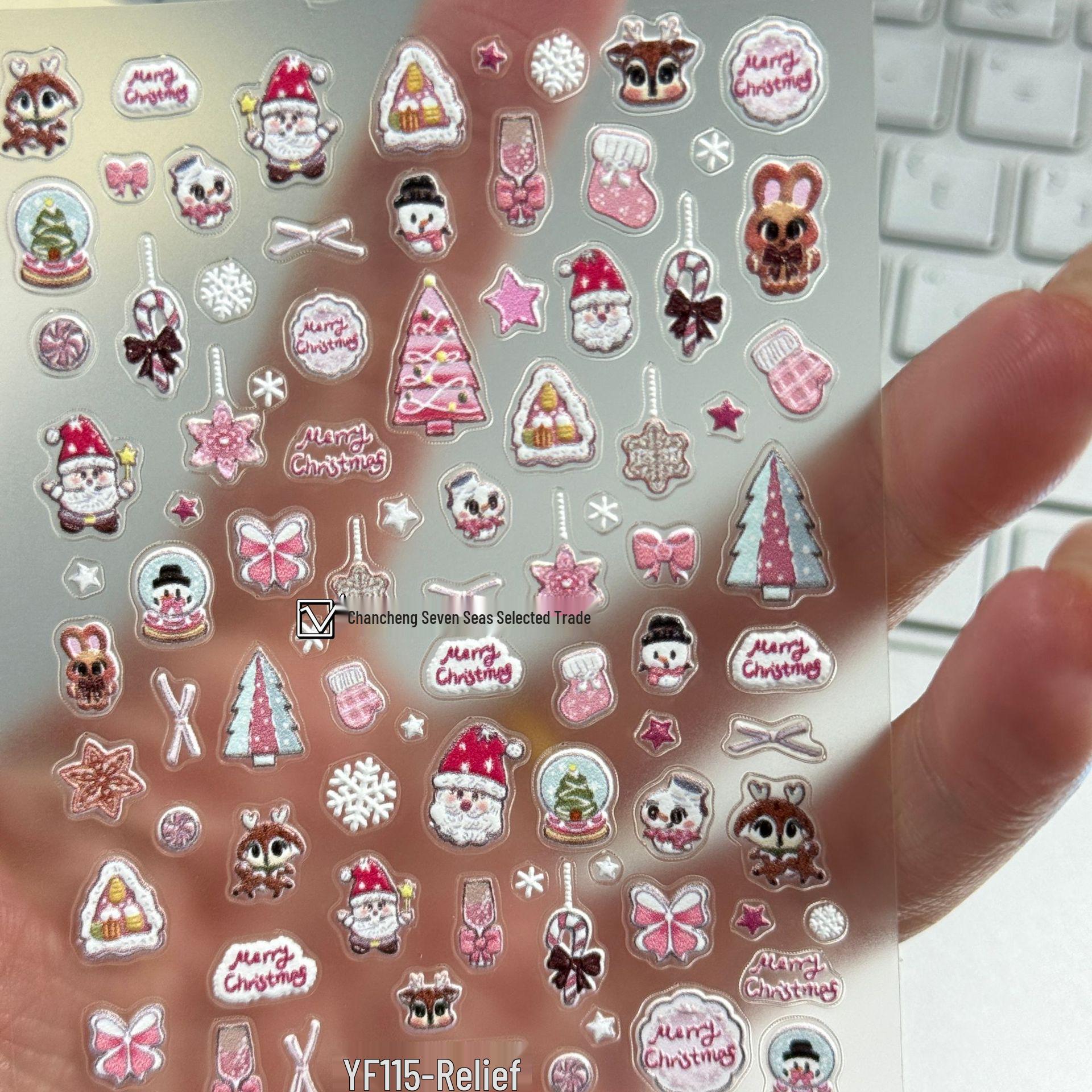 3D Pink Christmas Nail Stickers - Snowflake, Gingerbread, Tree & Snowman Decals YF115 Embossed