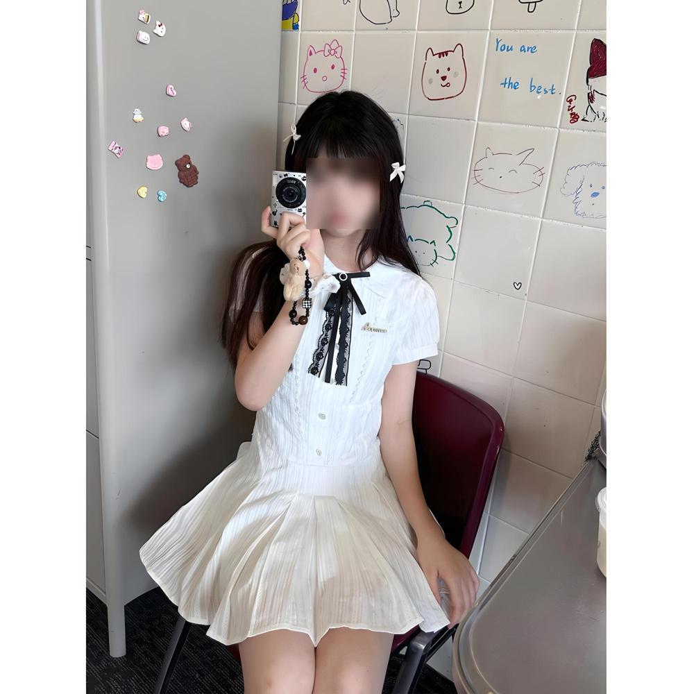 Sweet and spicy short skirt casual summer college style sweet girl pure bow white dress