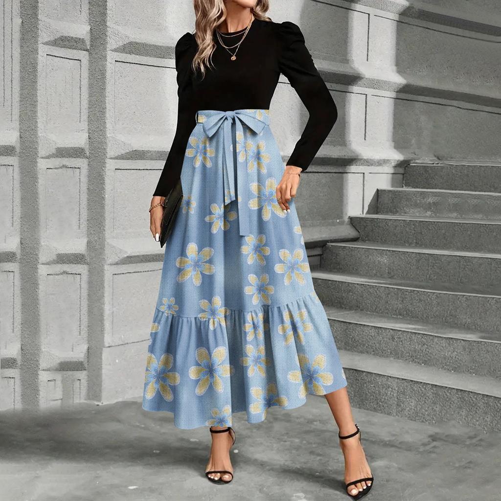 Dámské módní a elegantní šaty s květinovým potiskem s vysokým pasem