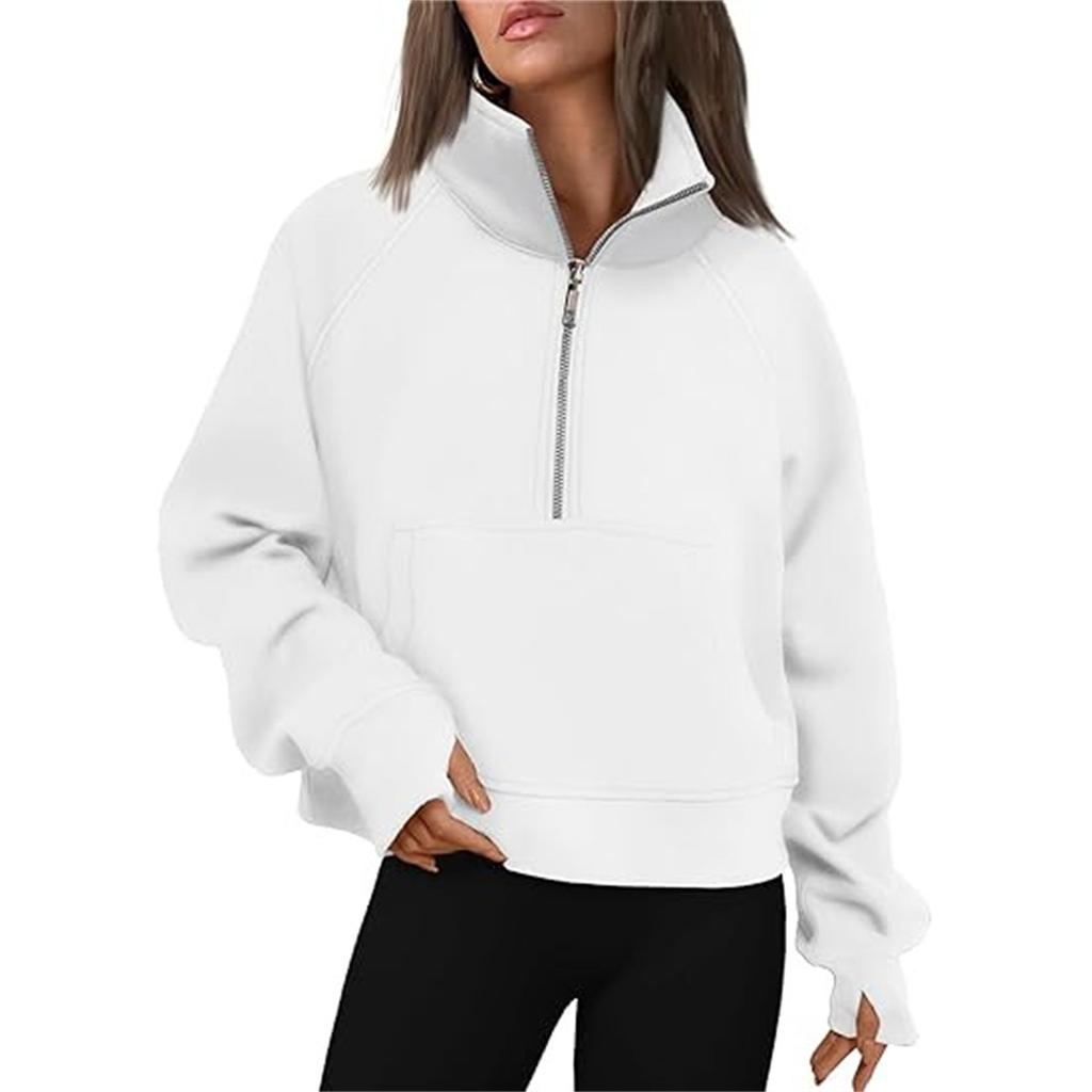 Women's Stand Collar Plus Fleece Solid Color Hoodie Long Sleeve Pocket Loose Half Zip Pullover Hoodie Top