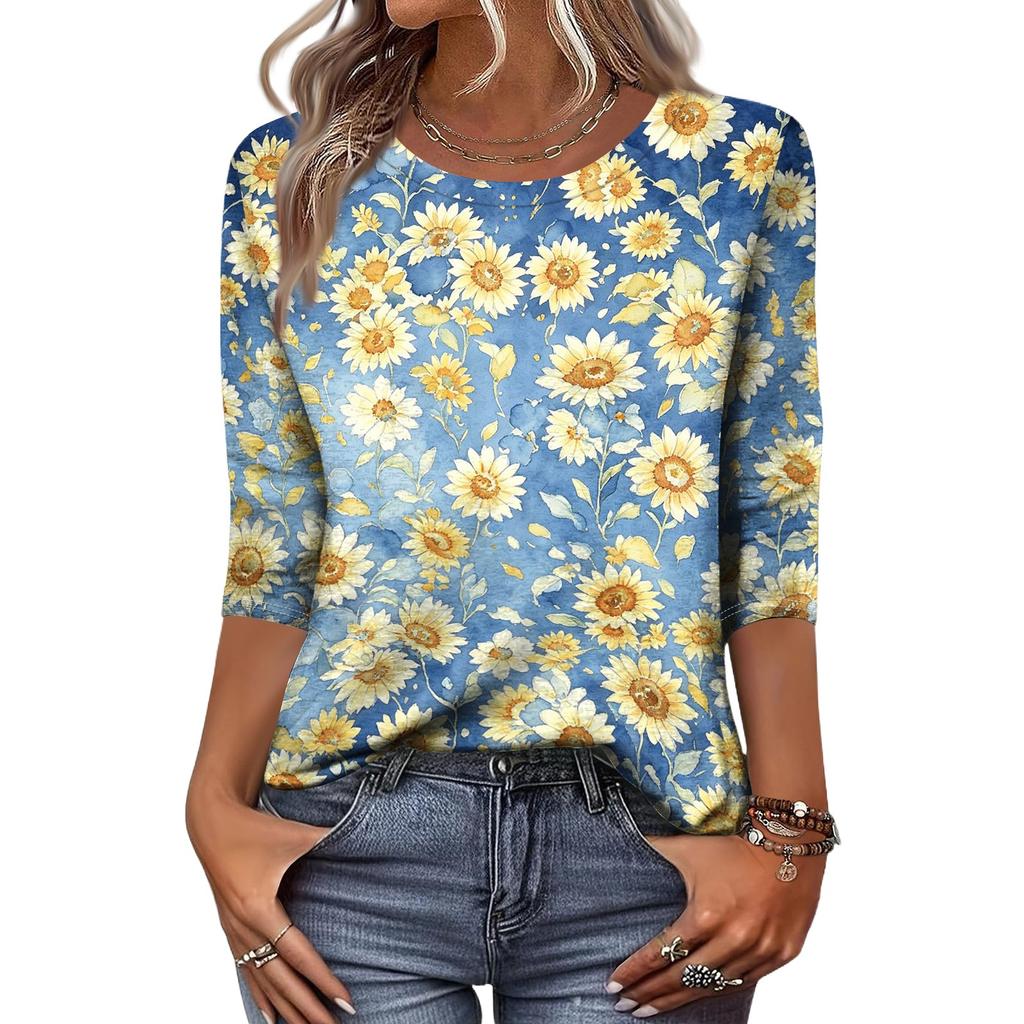Women's Casual 3/4 Sleeve Floral Print Round Neck Top Lightweight Comfortable Fit Soft Fabric Blouse for Everyday Wear