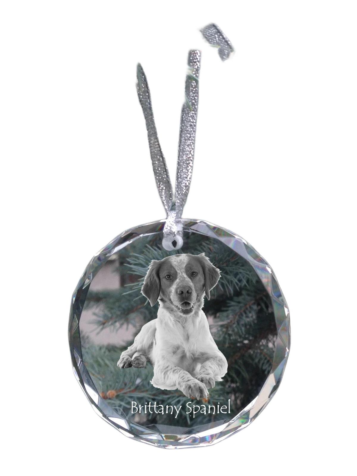 

Brittany Spaniel, Brittany Wiegref - crystal bauble with a photo, dog photo in crystal, personalized Christmas tree ornament by Art-Dog brand прозорий