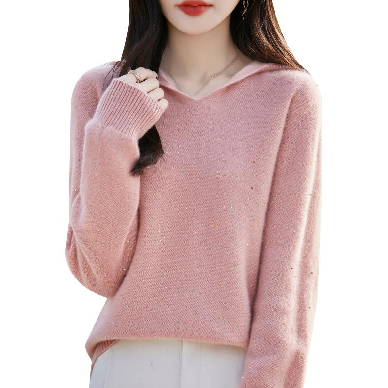 Women's Pure Wool Sequin Knit Hooded Sweatshirt: Autumn/Winter Seven-Stitch Loose Hoodie