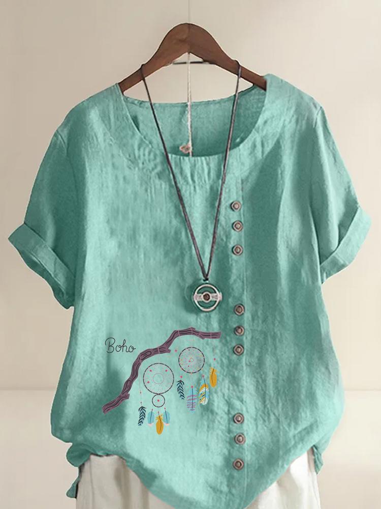 Women's Fashion Feather Pattern Print Shot Sleeve T-shirt Loose Cotton Shirt Casual Loose Summer Plus Size Blouse Tops