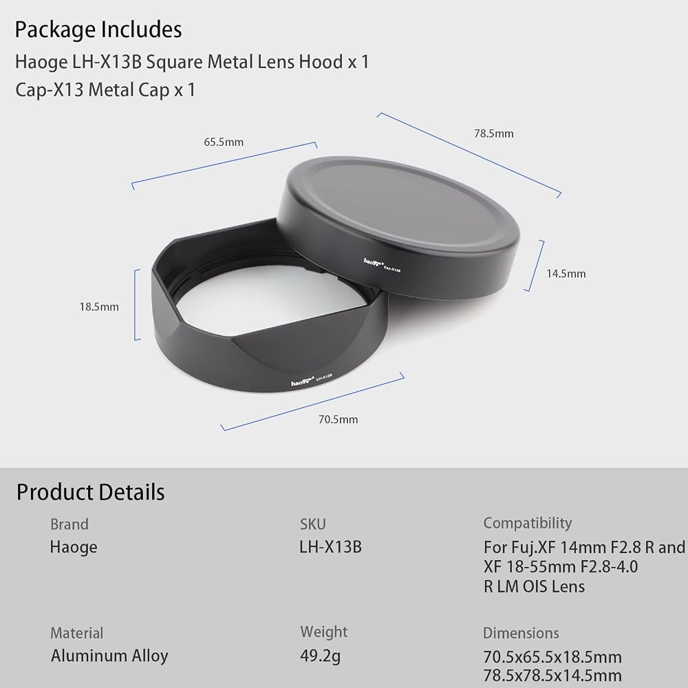 Haoge LH-X13B Bayonet Square Metal Dedicated Lens Hood for Fujinon XF 18-55mm F2.8-4 R LMOIS Lens and Fujinon XF 14mm F2.8 R Lens (with X-Pro3 XT30 XT