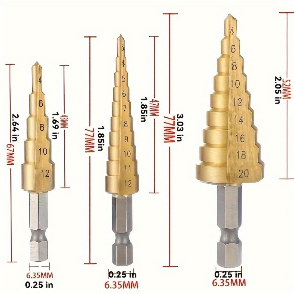 Sada stupňovitých vrtáků do plechu z HSS oceli s titanovým povlakem, (2mm-7.0mm) pro dřevo a kov - odolné, všestranné, efektivní, stupňovité vrtáky