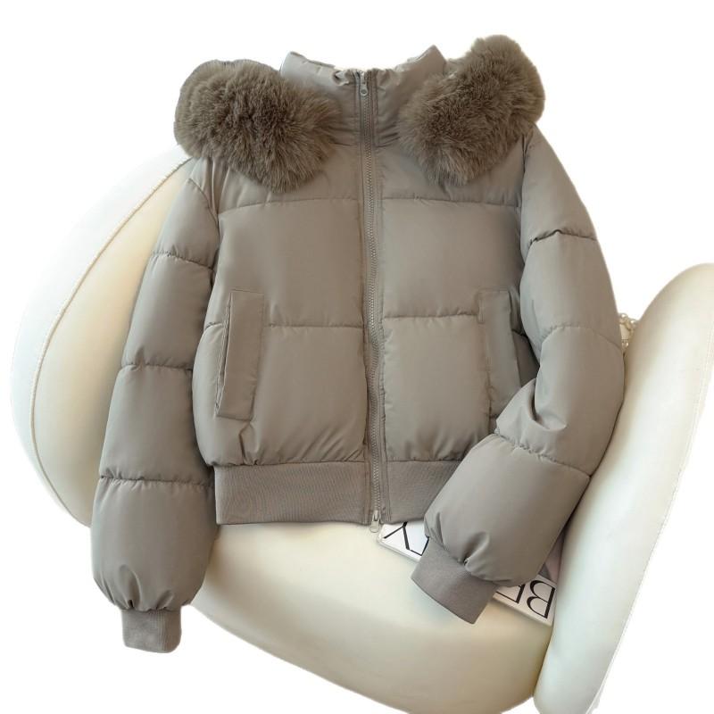 Womens Short Puffer Coat With Faux Fur Hood Warm Thick Cotton-Padded Jacket Winter Casual Wear