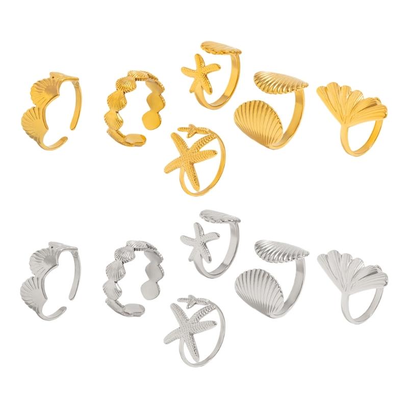 6 Piece Marine Summer Jewelry Adjustable Rings Set Starfish Shell Design Alloy Stackable Gift for Her Beach Holiday