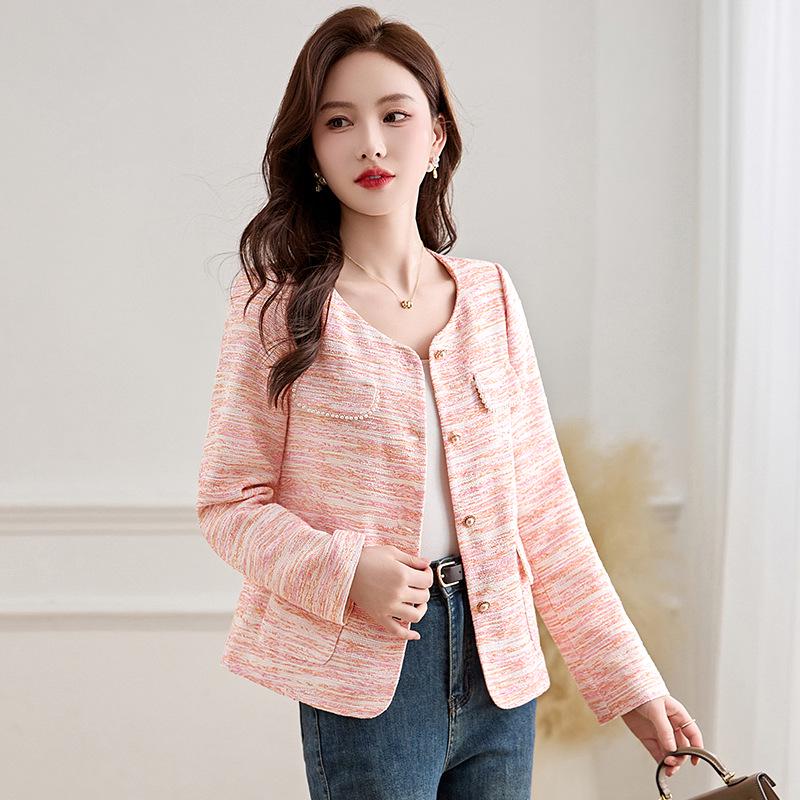 2025 Stylish Striped Beaded Round Neck Short Jacket – Spring & Autumn Collection