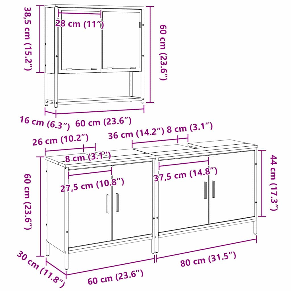 Bathroom Furniture Set with Shelf 3 Pcs Black Particle Board