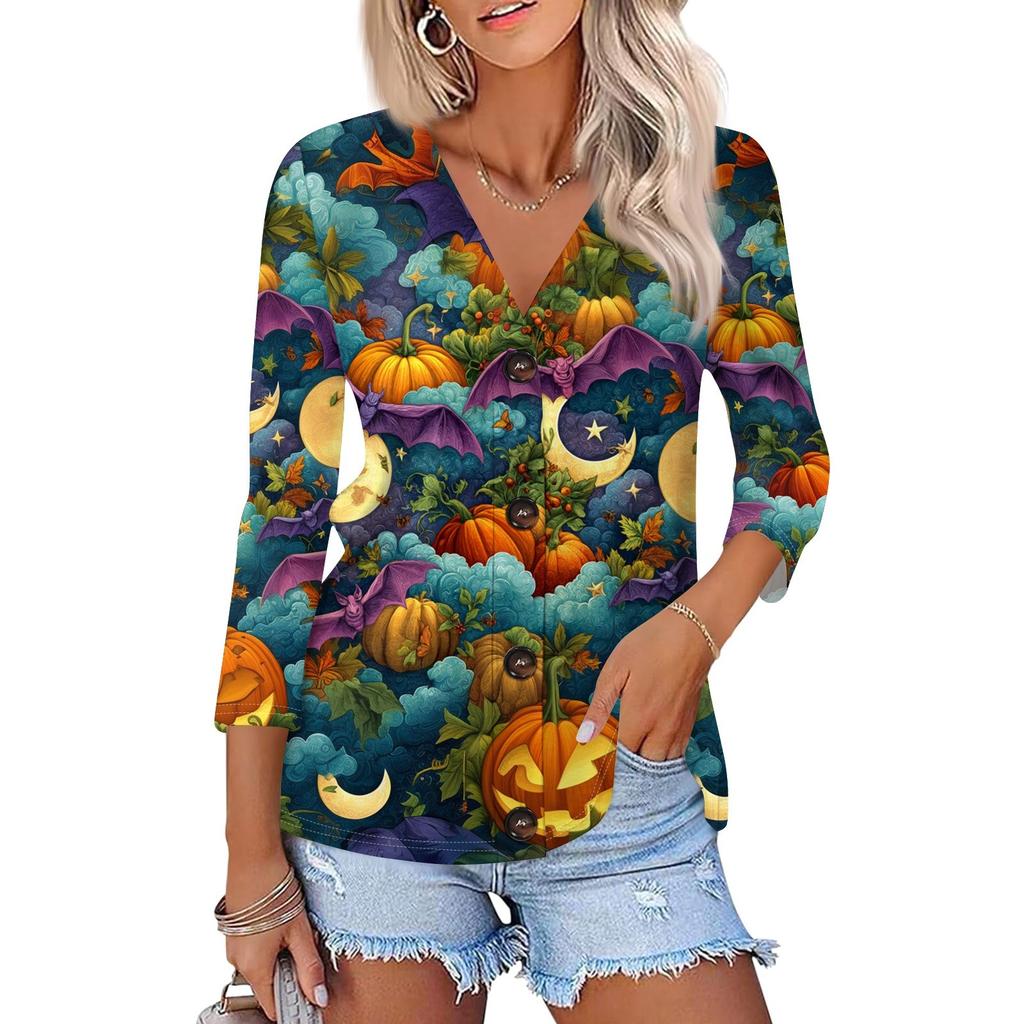 Damenmode Lässiges bedrucktes Button-Down-Hemd 3/4 lange Ärmel Oberteile