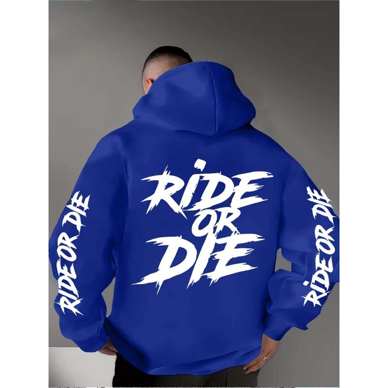 Men’s Ride or Die Hoodie Graffiti Typography Graphic Back Sleeve Print Gothic Streetwear Fleece Sweatshirt Autumn Winter