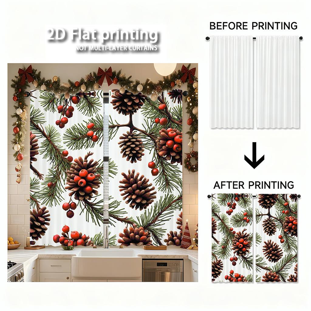 Piece Set High Definition Digital Printed Curtainschristmas Pinecones Redberries Greenbranches Nature Style Seamless Patter Curtains Made Of Polyester