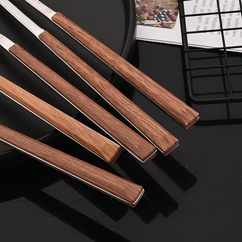 18Pcs Brown Silver Flatware Cutlery Set Chopsticks Spoon Fork Set Imitation Wooden Handle Korean Dinnerware Luxury Tableware Set
