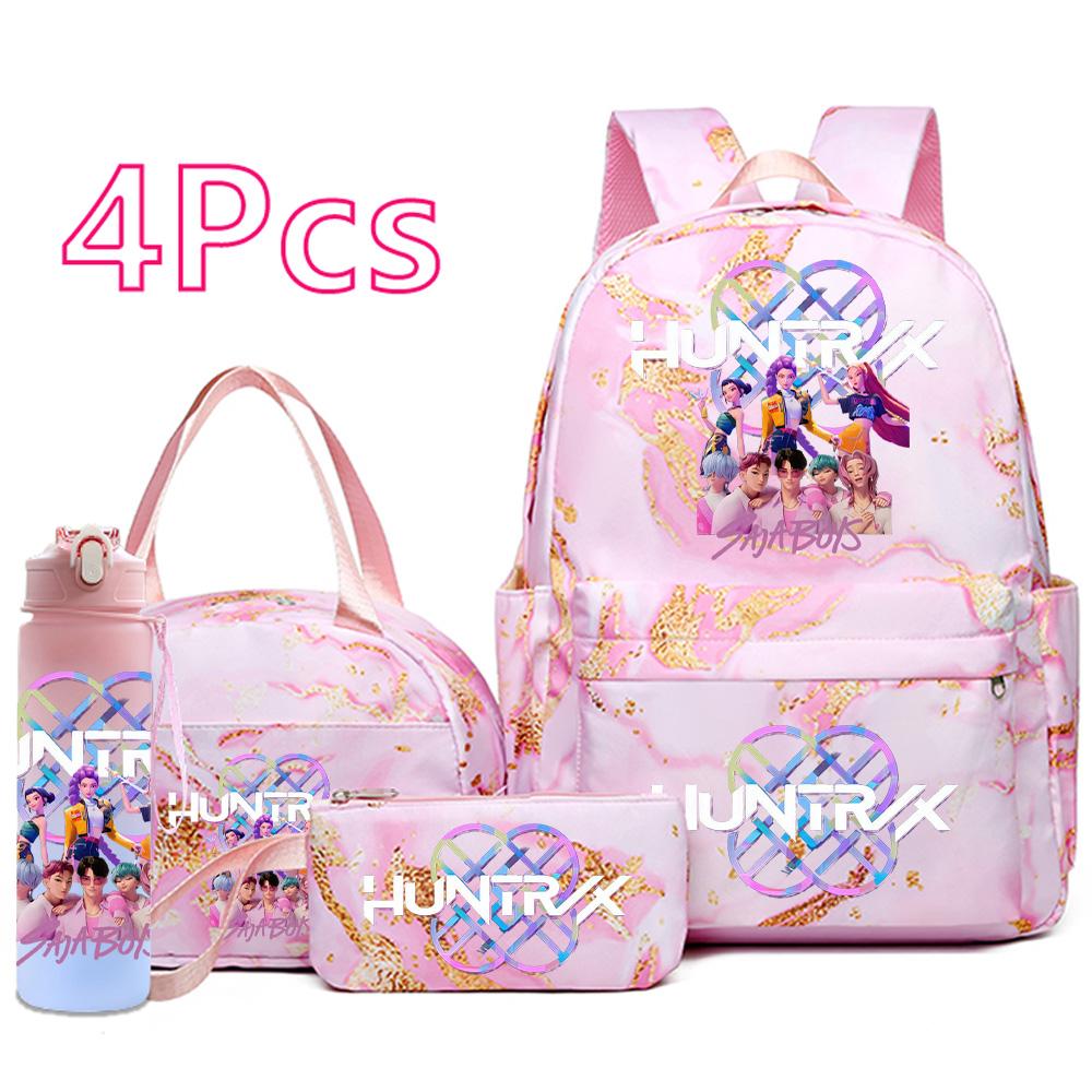 4Pcs/set Cartoon K-Pop Printed Backpack Handbag Pencil Case with 750Ml Water Bottler for Teenager Boy Girl Schoolbag Large Capacity Bookbag Mochila