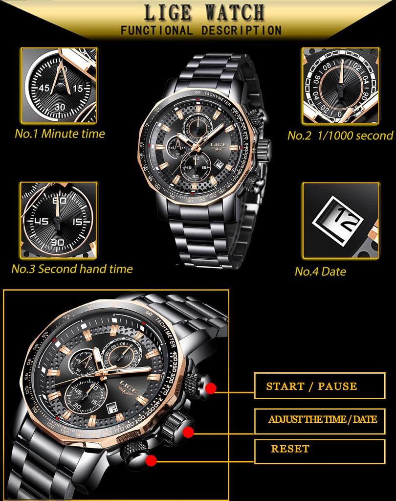 LIGE Men's Multi-function Waterproof Steel Watch with Calendar