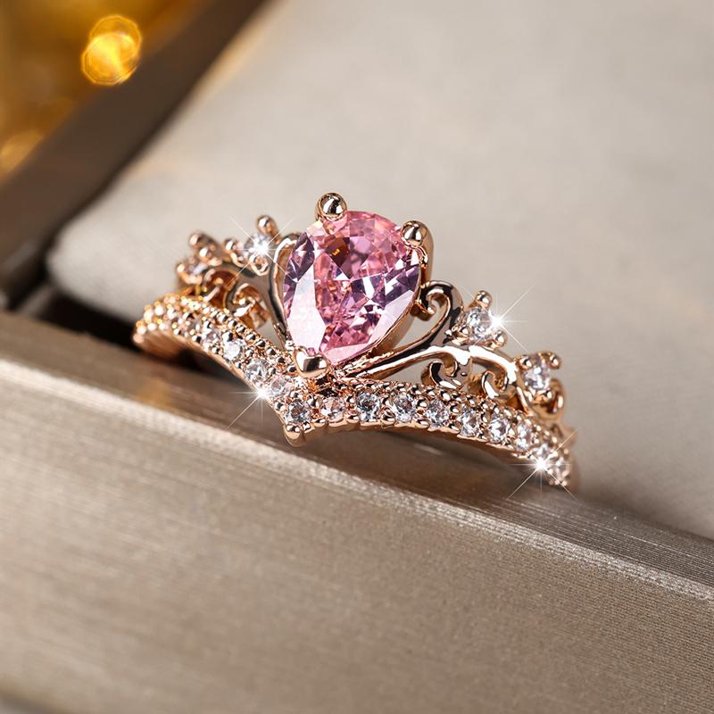Exquisite Pink Water Drop Zircon Ring for Women Rose Gold Color Romantic Love Ring Eternity Bridal Jewelry