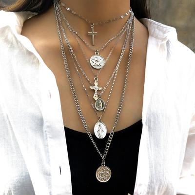 Personalized Geometric Cross Relief Necklace, Exaggerated Retro Multi-Layer Long Portrait Necklace