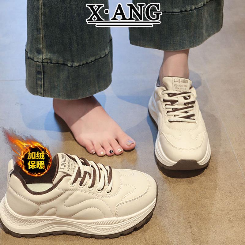 Popular leather Forrest Gump shoes platform casual sports shoes women's 2025 new autumn and winter velvet warm two cotton shoes