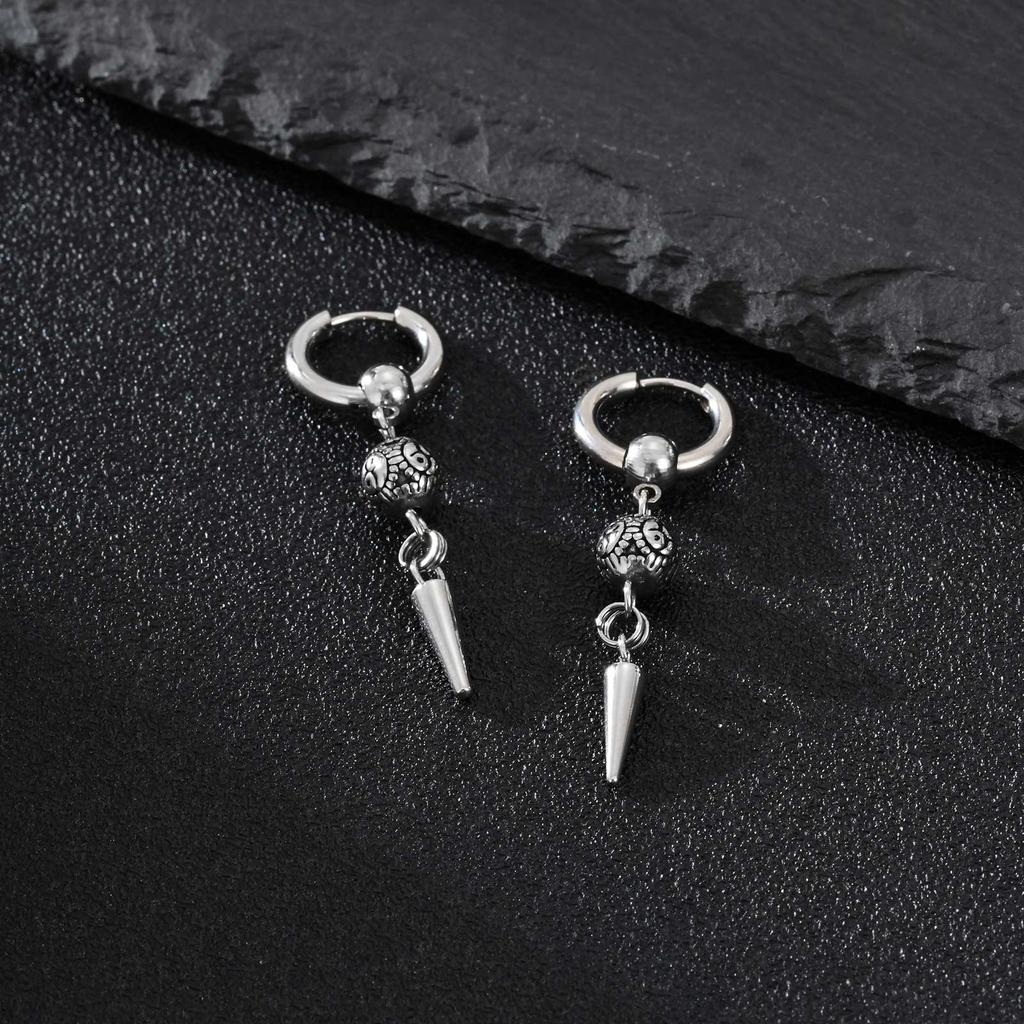 Vintage Fashion Punk Gothic Cone Pendant Earrings for Men, Stainless Steel Silver Color Drop Earrings, Retro Hip-hop Jewelry