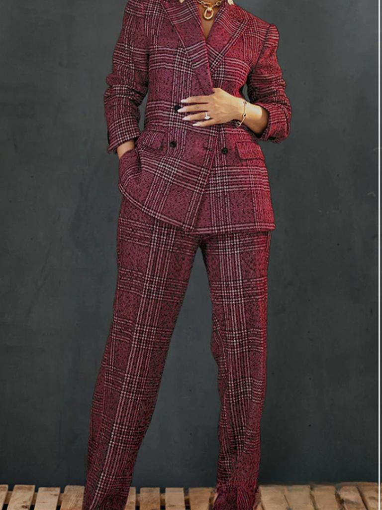 Women's Grid Coat Suit New Style Loose Fit Long Pants Set Outfit