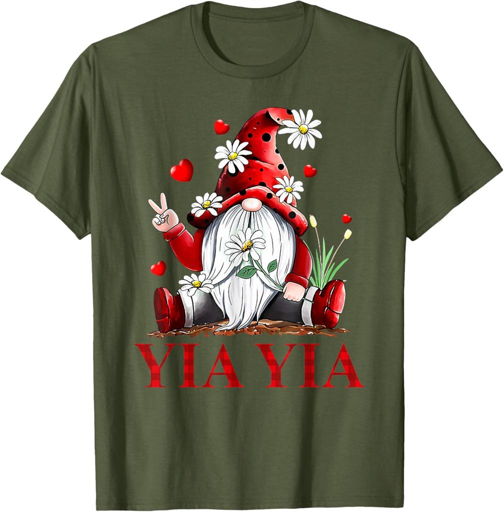 Yia Yia Gnome Daisy Peace Sign Love Valentine Matching Graphic Tee Casual Short Sleeve T-Shirt