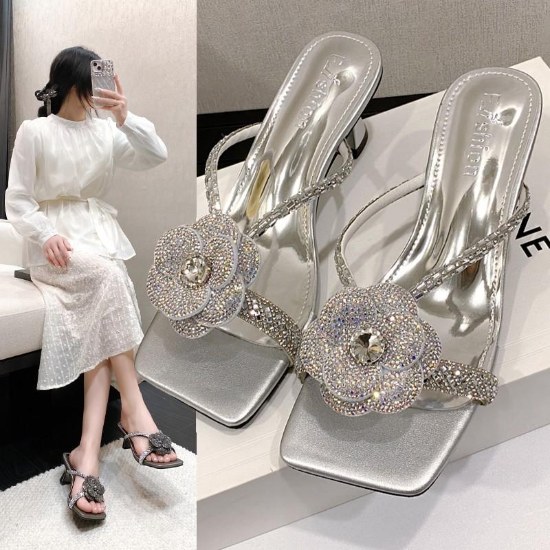 22 Summer New Fairy Style Temperament Beautiful Rhinestone Camellia Sandals High Heel Square Head Cool Slippers